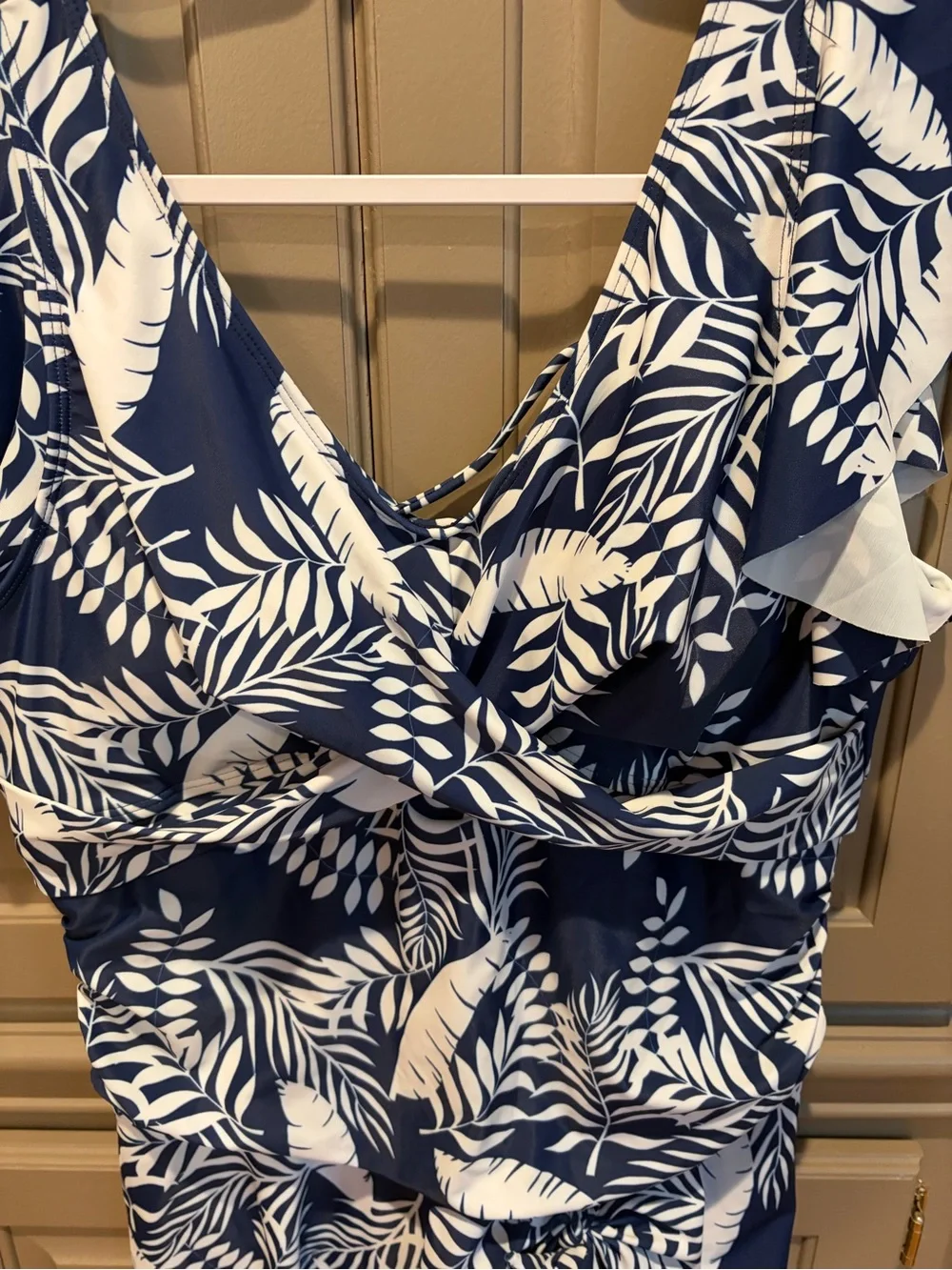 Navy & White Tropical Leaf One-Piece Swim Dress - Picture 5 of 7